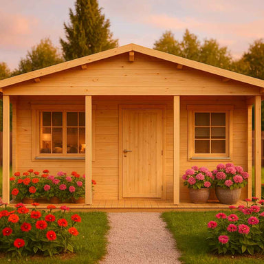 A cozy wooden cabin surrounded by colorful flowers at sunset is the GardenHouse24 USA Vienna 70 Garden Room, perfect for a tranquil backyard retreat