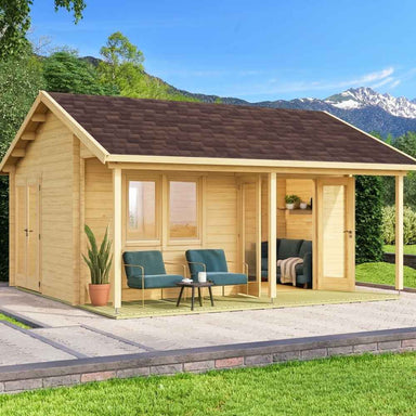 A cozy wooden cabin with a covered front porch and two teal chairs on a patio is the GardenHouse24 USA Lerum 44 Garden Room