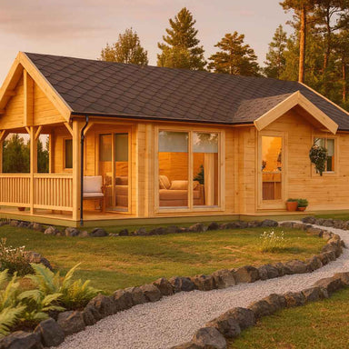 A cozy wooden cabin with a front porch and large glass doors sits in a landscaped garden, showcasing the GardenHouse24 USA Garda 90 Garden Room