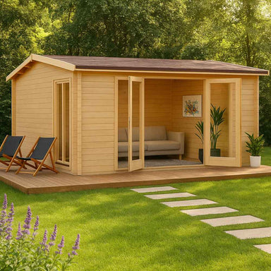 A cozy wooden cabin with a sofa and plants inside, the GardenHouse24 USA Davos 44B Garden Room sits on a deck surrounded by lush green grass and trees