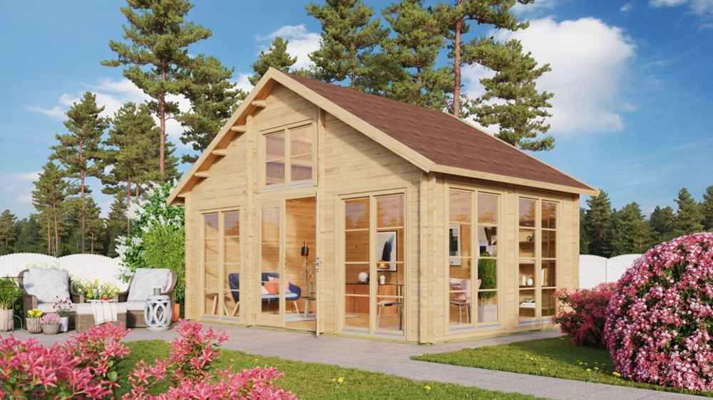A cozy wooden cabin with large windows and a gable roof stands in a blooming garden, representing the GardenHouse24 USA Bern 70 Garden Room
