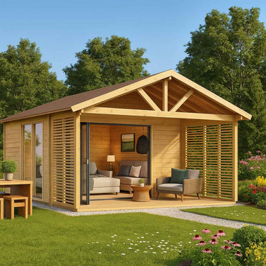 A cozy wooden garden room with sliding glass doors and a shaded porch showcases the GardenHouse24 USA ALU Concept Arosa 70C Garden Room in a green backyard setting