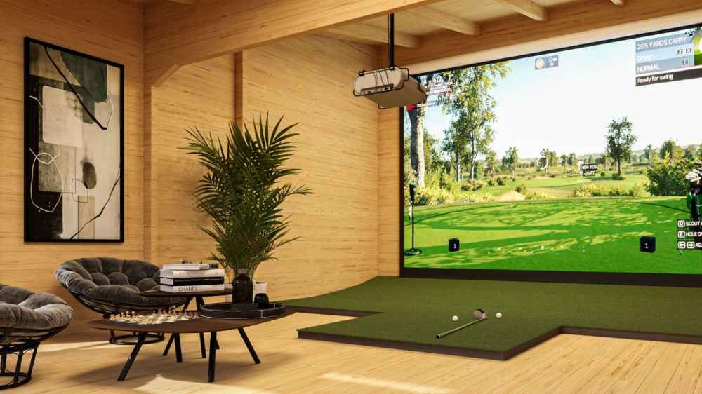 A cozy wooden interior with a virtual golf simulator setup and lounge chairs shows the inside of a GardenHouse24 USA Caddie 44A ALU ISO Garden Room