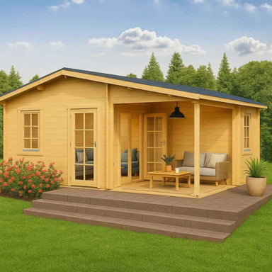 A cozy wooden structure with a shaded front patio and outdoor seating, the GardenHouse24 USA Skanderborg 70 Garden Room is nestled in lush greenery