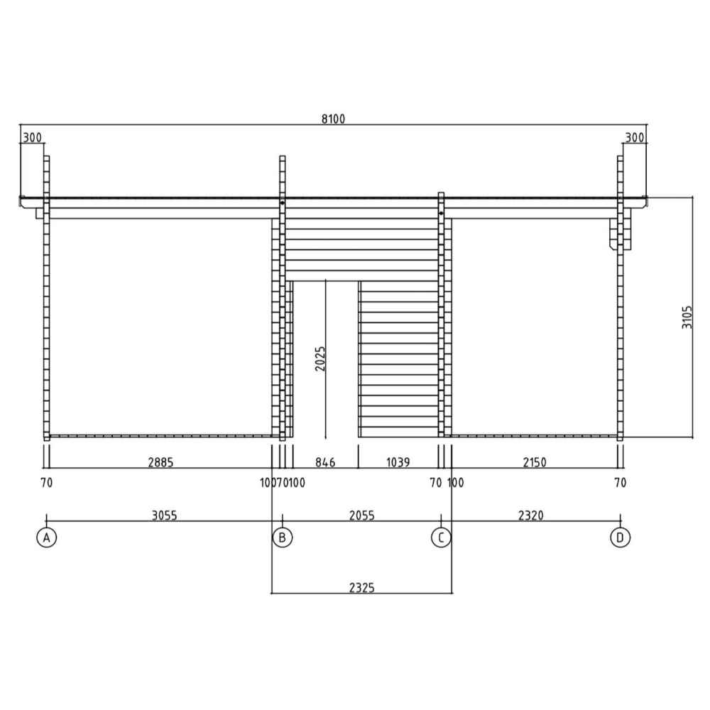 A cross-sectional blueprint of the GardenHouse24 USA Granny Flat Malta Garden Room details the interior wall construction and porch area measurements