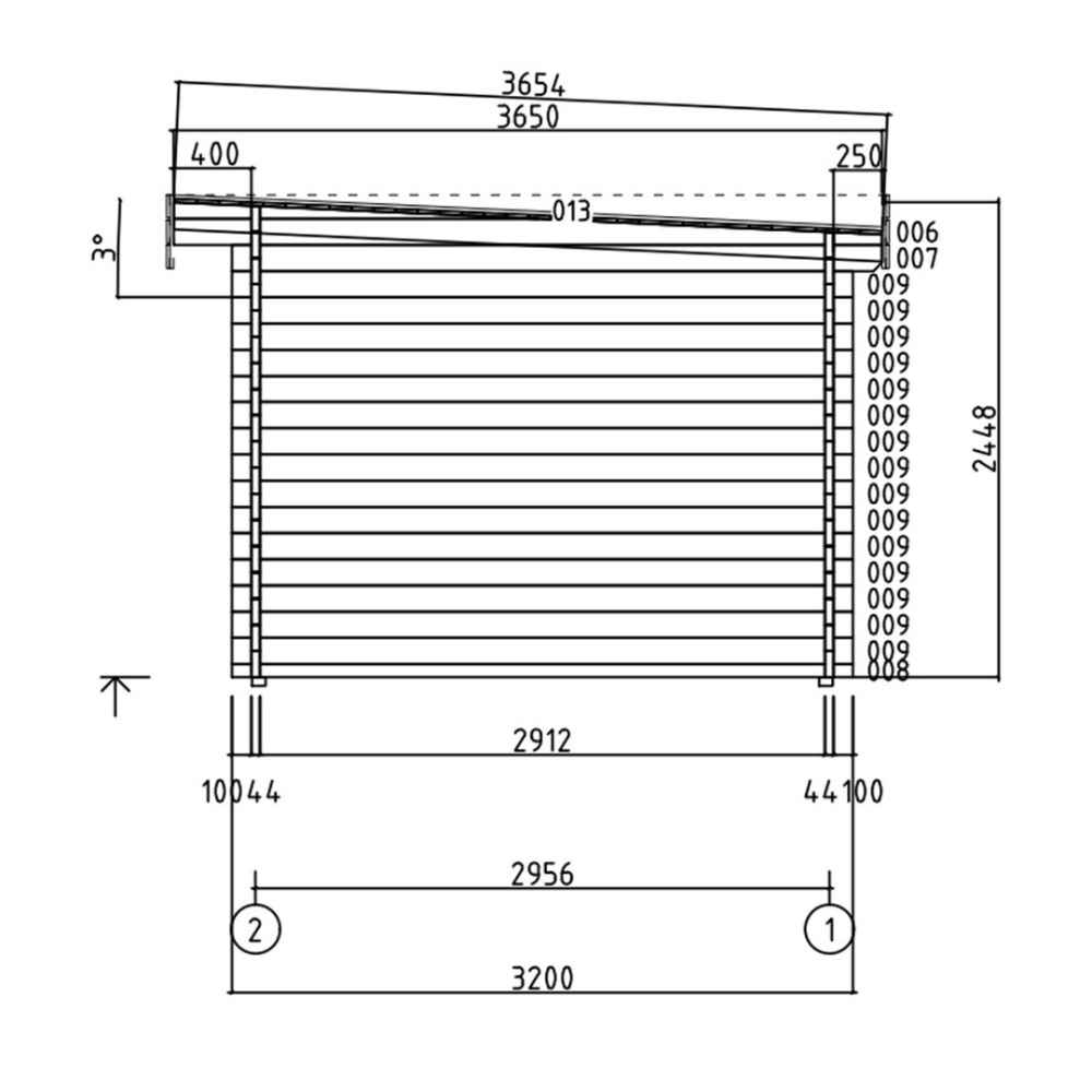 A cross-sectional drawing of the GardenHouse24 USA Miriam 44C Modern Garden Room illustrating wall thickness, roof angle, and vertical siding