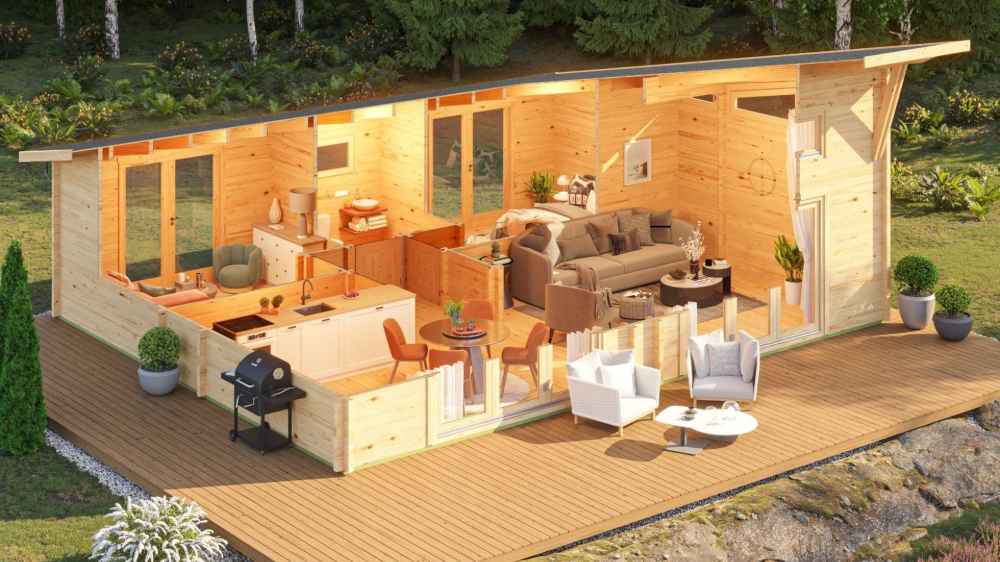 A cutaway 3D interior rendering of the GardenHouse24 USA Darcy 70 Garden Room reveals a stylish open-concept living area, kitchen, and two bedrooms