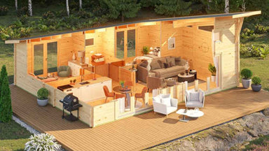 A cutaway 3D interior rendering of the GardenHouse24 USA Darcy 70 Garden Room reveals a stylish open-concept living area, kitchen, and two bedrooms