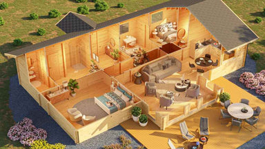 A cutaway interior rendering shows bedrooms, bathrooms, living area, and kitchen fully furnished inside the GardenHouse24 USA Francesca 70 Garden Room