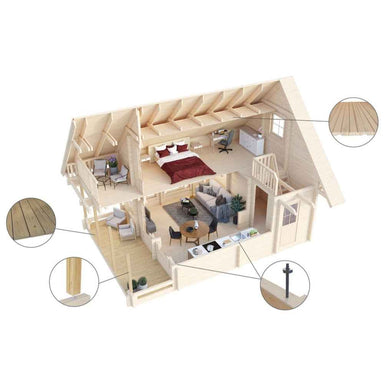 A cutaway view of the GardenHouse24 USA Anders 90A Garden Room shows a cozy loft bedroom, open living space, and detailed wooden construction