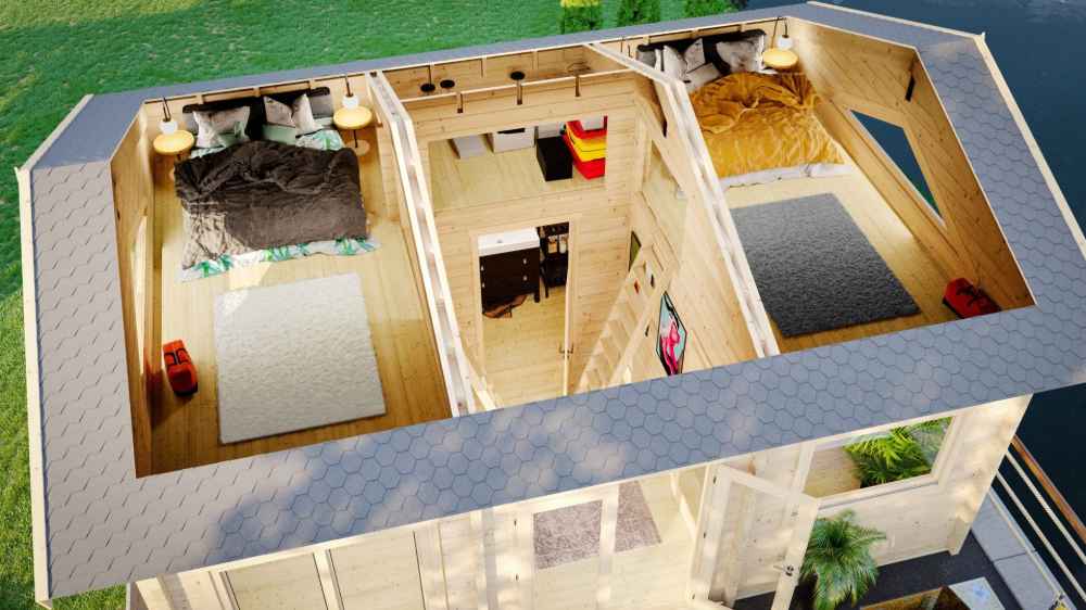 A cutaway view of the GardenHouse24 USA Britt 44 Garden Room displays a furnished loft with two beds and a central hallway