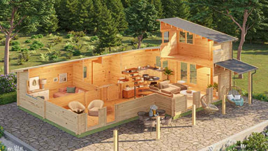A cutaway view of the GardenHouse24 USA Marcy 70 Garden Room reveals an open-concept kitchen, living area, and multiple rooms downstairs