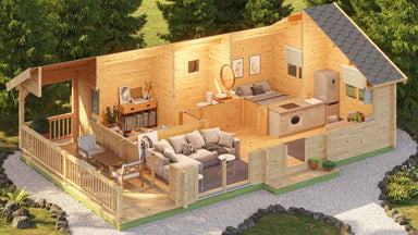 A cutaway view reveals the inside of the GardenHouse24 USA Garda 90 Garden Room, showing the living room, bedroom, kitchen, and covered terrace
