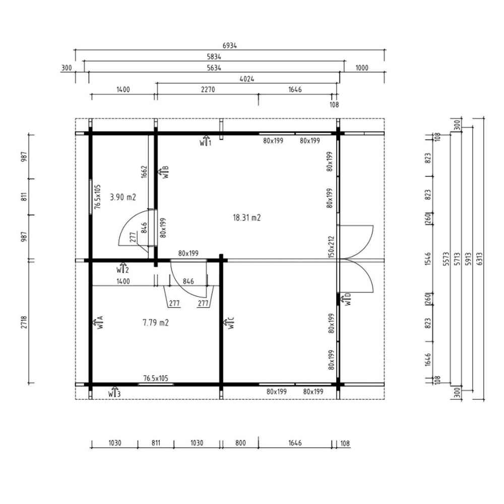 A detailed architectural floor plan of the GardenHouse24 USA Taunus 70 Garden Room shows room sizes, door sizes, and window placements