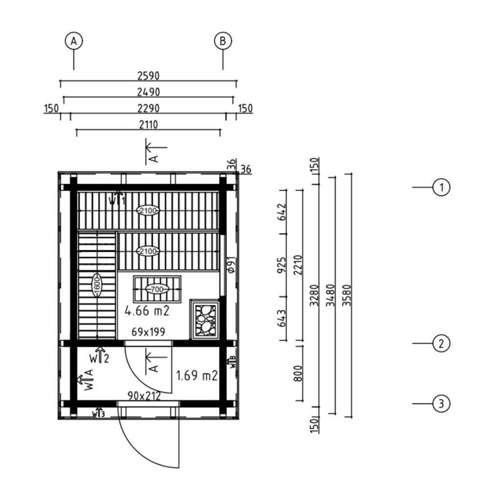 A detailed architectural floor plan showing interior dimensions and layout of the GardenHouse24 USA Sauna Tuuli 90 Garden Room, including bench and stove placements