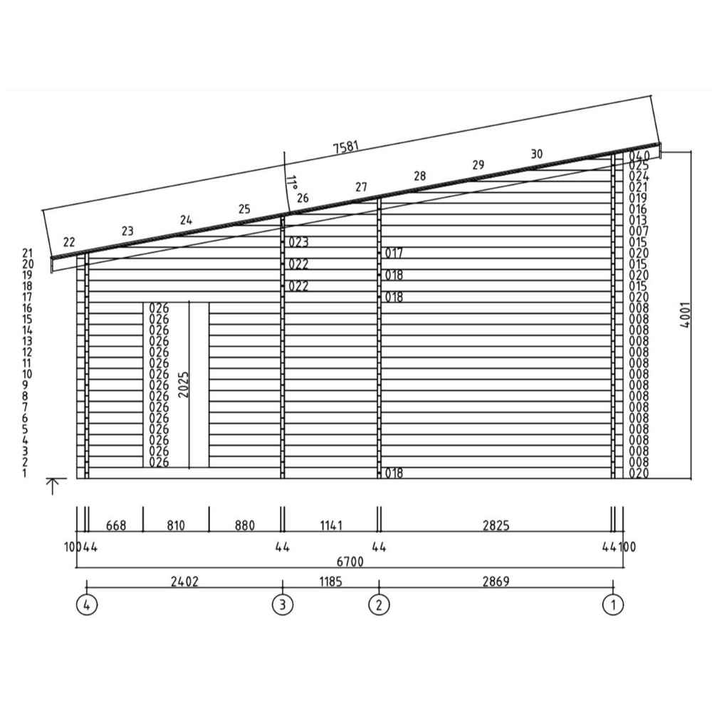 A detailed architectural side drawing of the GardenHouse24 USA Caddie 44A ALU ISO Garden Room shows the window and wall placements with precise measurements