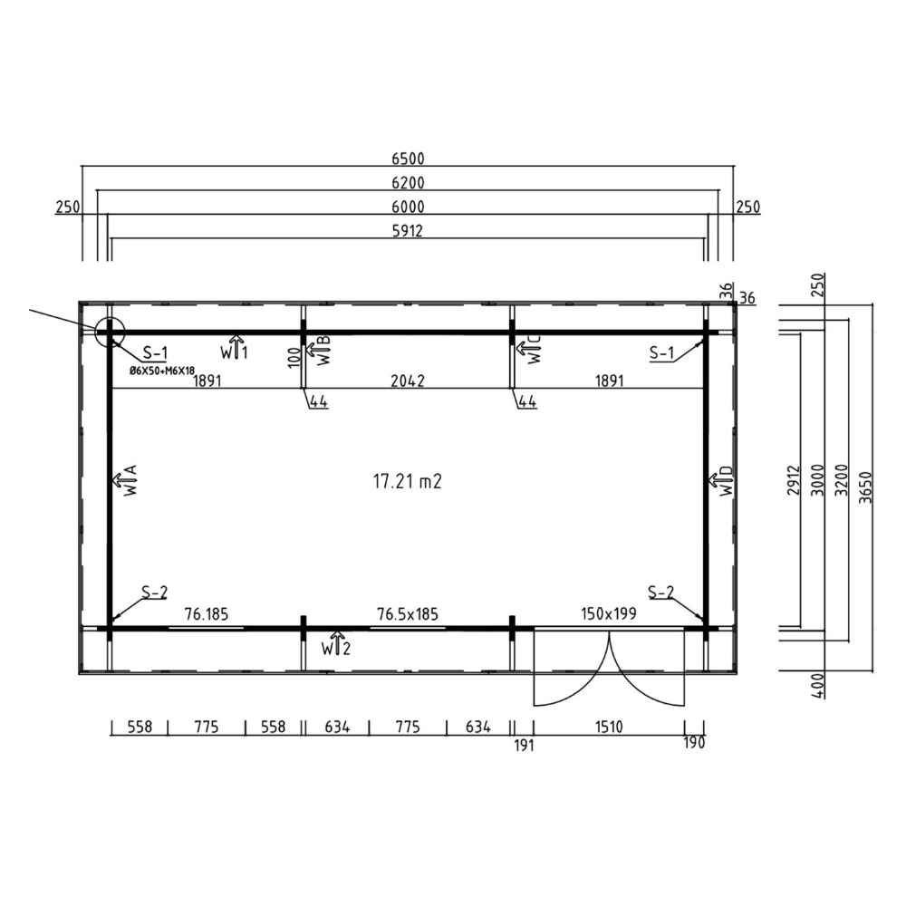 A detailed blueprint of the GardenHouse24 USA Miriam 44C Modern Garden Room interior layout with window, door, and wall measurements labeled in meters