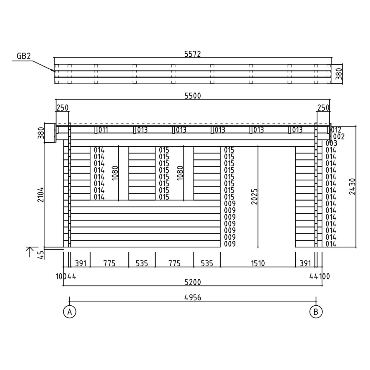 A detailed blueprint reveals the structural wall components and window placements of the GardenHouse24 USA Miriam 44B Classic Garden Room