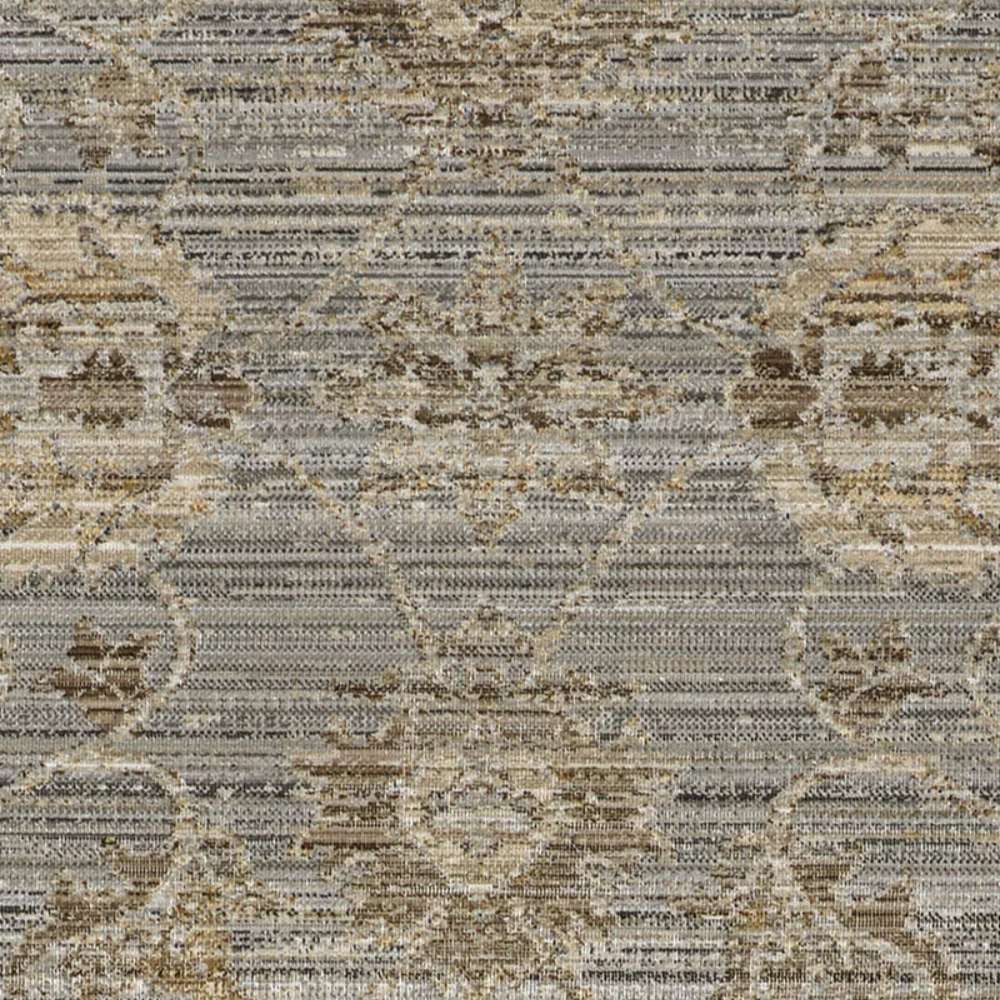 A detailed close-up of Couristan Fez Indoor/Outdoor Rug - Palais/Storm Grey showing the floral and geometric motifs in muted colors