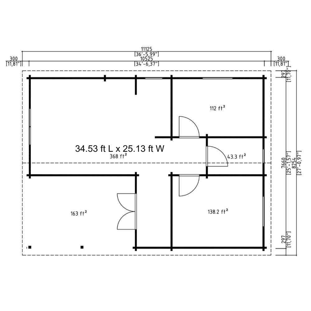 A detailed floor plan displays the layout and dimensions of GardenHouse24 USA Bendy 70 Garden Room with five distinct areas totaling over 800 square feet