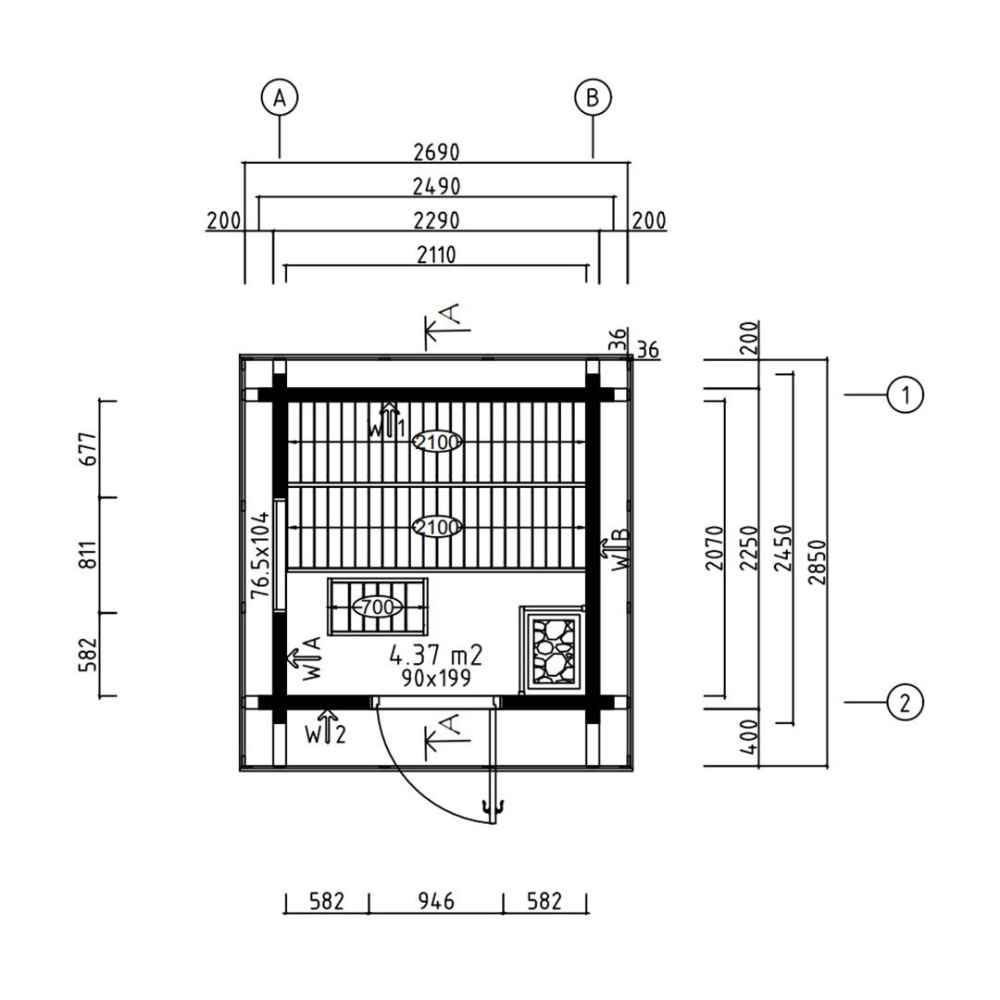 A detailed floor plan of the GardenHouse24 USA Sauna Li 90 Garden Room shows the internal layout with labeled dimensions and placements for benches and stove