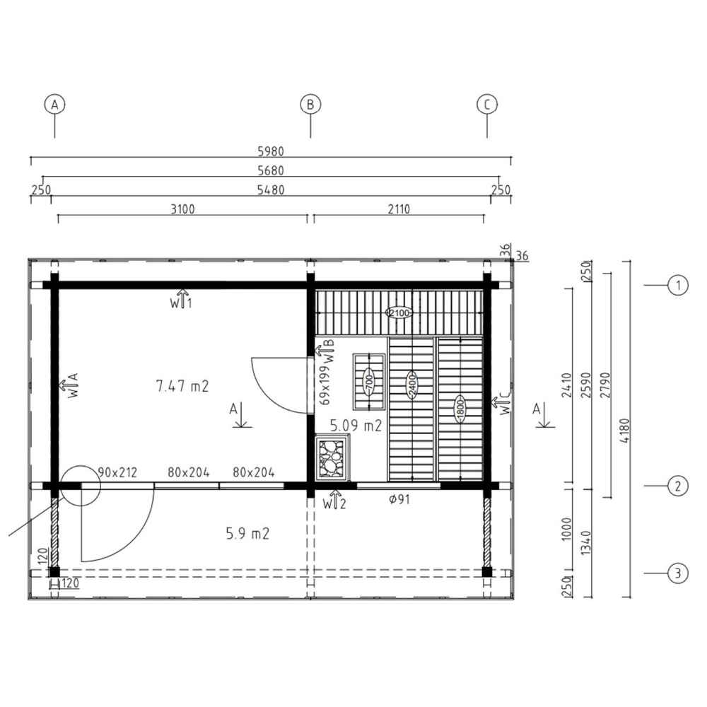 A detailed floor plan of the GardenHouse24 USA Sauna Sirpa 90 Garden Room displays internal room dimensions and wall placements for precise layout planning