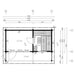 A detailed floor plan of the GardenHouse24 USA Sauna Sirpa 90 Garden Room displays internal room dimensions and wall placements for precise layout planning