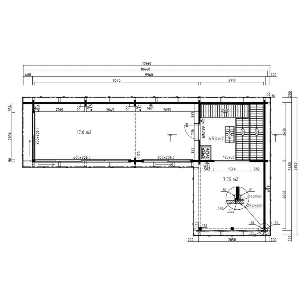 A detailed floor plan reveals room dimensions and interior layout for the GardenHouse24 USA Sauna Quieto 70 Garden Room