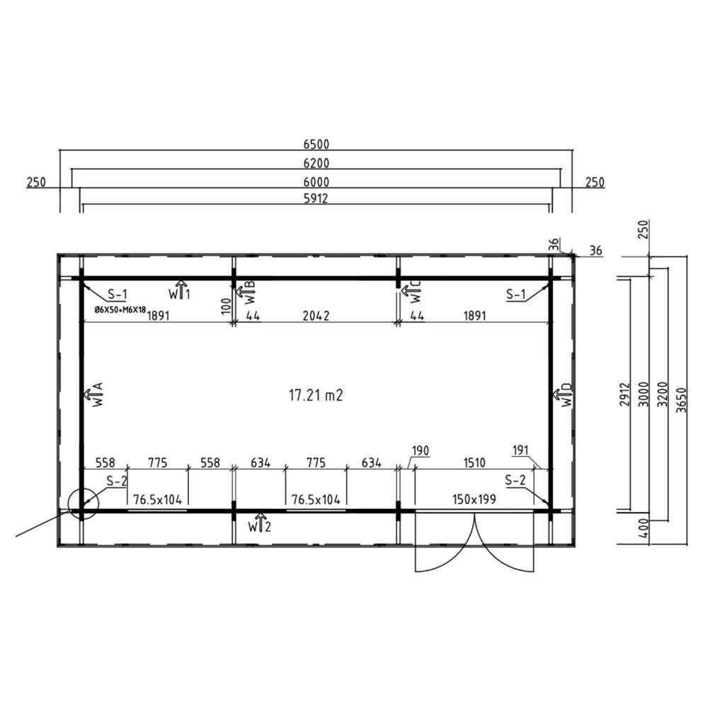 A detailed floor plan shows internal dimensions and window-door placements for the GardenHouse24 USA Miriam 44C Classic Garden Room