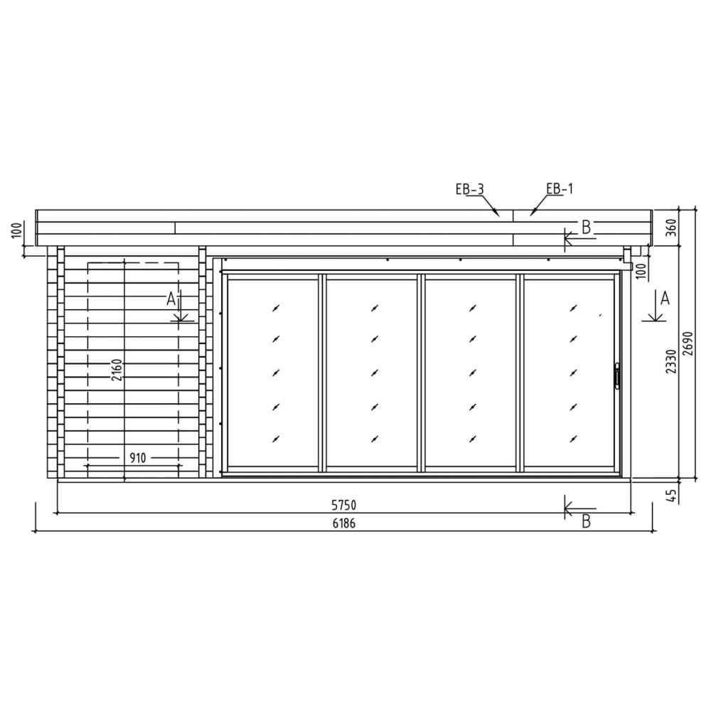 A detailed front elevation blueprint of the GardenHouse24 USA ALU Concept 70C Garden Room illustrates the framed glass doors and roof profile