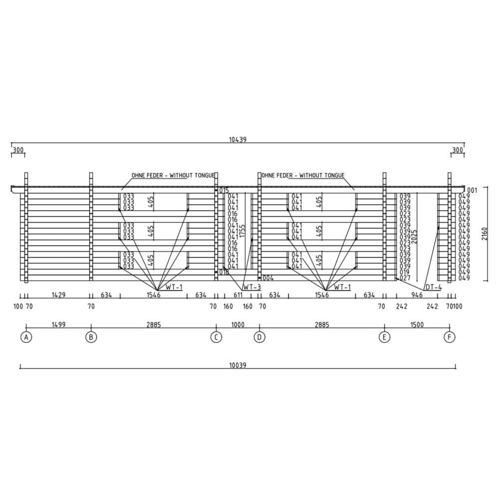 A detailed front wall construction plan illustrates log arrangements and exact panel dimensions for the GardenHouse24 USA Dundee 90A Garden Room