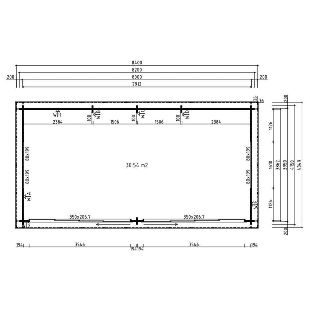 A detailed layout of the GardenHouse24 USA ALU Concept Lounge 44B Garden Room shows window and wall measurements with precise spacing