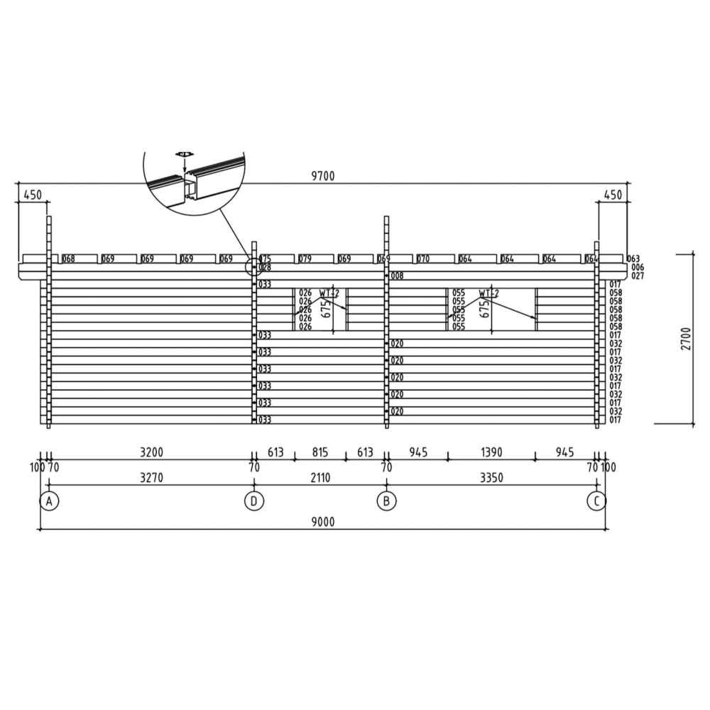 A detailed side wall blueprint of the GardenHouse24 USA Harbord 70 Garden Room, illustrating structural spacing and board arrangement