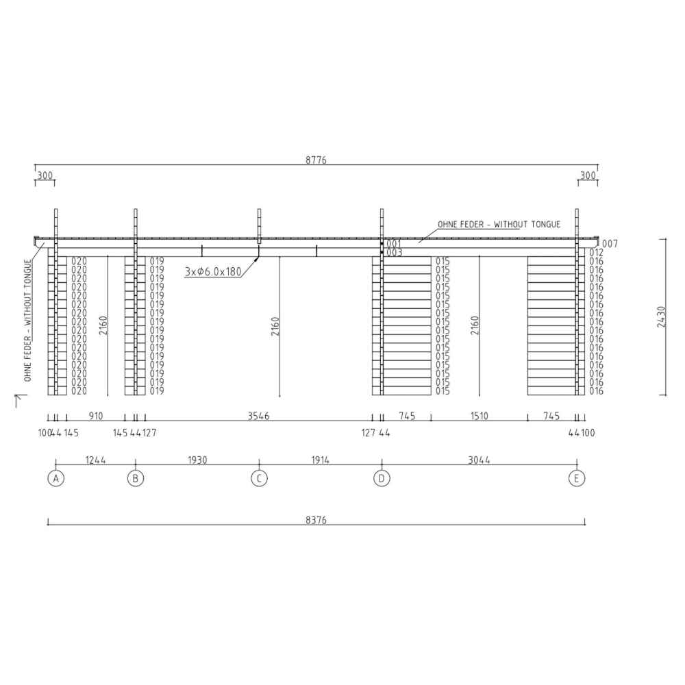 A detailed structural side elevation of the GardenHouse24 USA Mikelli 44 Garden Room includes labeled measurements and construction materials like wood panels