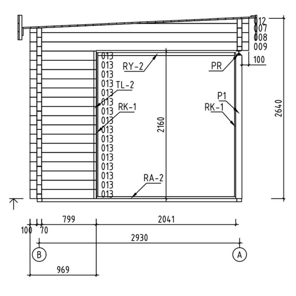 A detailed technical drawing of the side wall, showing interior partitioning and measurements of the GardenHouse24 USA ALU Concept 70J Garden Room