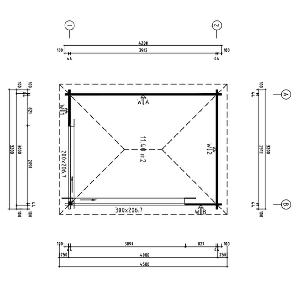 A detailed technical layout of the GardenHouse24 USA Pavilion ALU 44B Garden Room shows the interior space dimensions and door positions