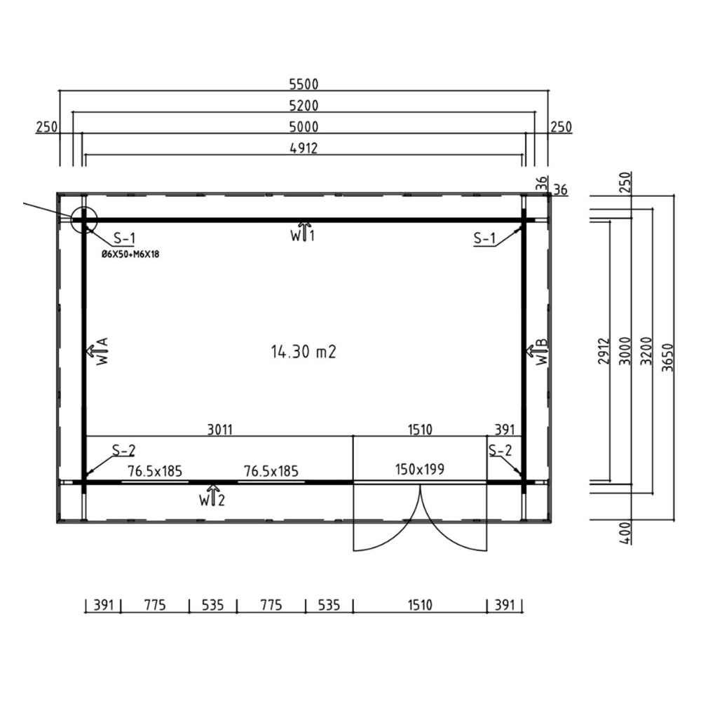 A detailed top view floor plan of the GardenHouse24 USA Miriam 44B Modern Garden Room shows labeled walls, internal spacing, and precise metric dimensions