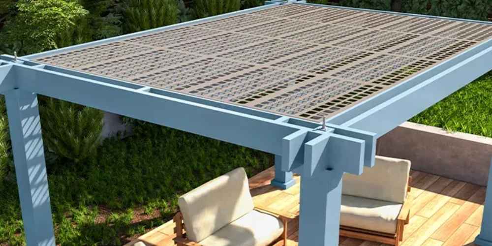 A detailed view captures the structural beams and joint assembly of the Structureworks Reverie Fiberglass Pergola