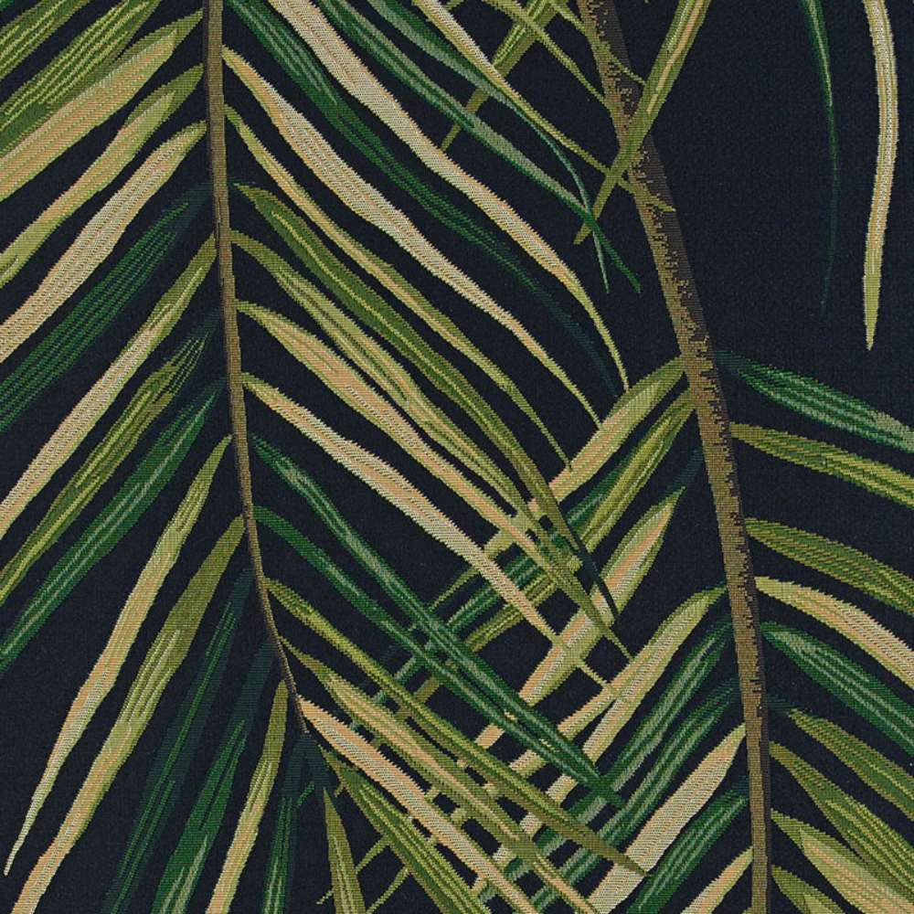 A detailed view of Couristan Dolce Indoor/Outdoor Rug - Bamboo Forest/Cool Onyx shows layered palm leaves in green, beige, and brown on a dark base