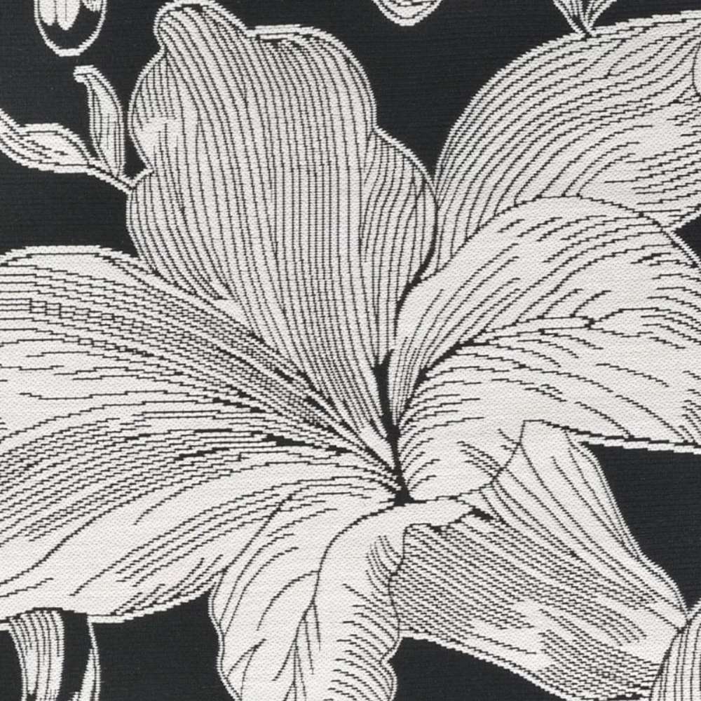 A detailed view of a large flower on Couristan Dolce Indoor/Outdoor Rug - Flora/Nero reveals fine line work and soft color contrast between ivory petals and the black background