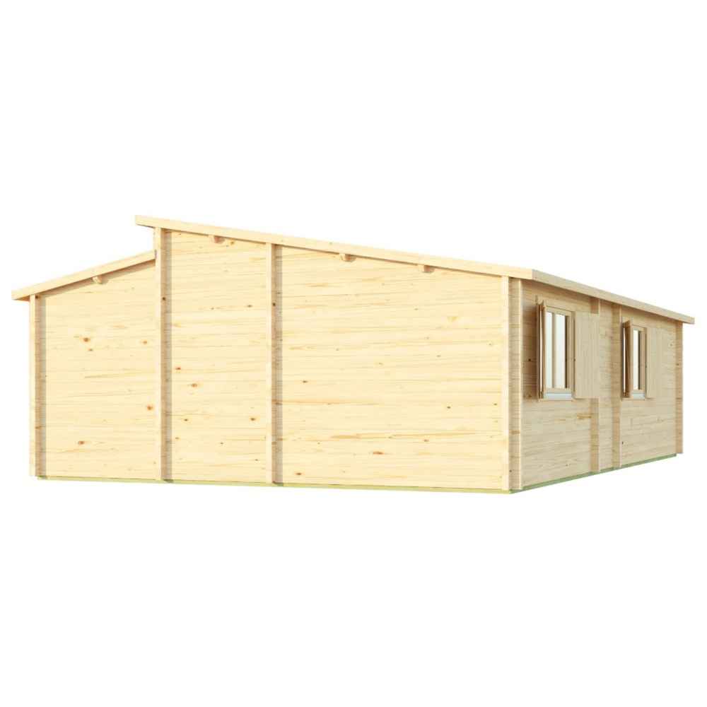 A diagonal back view highlights the tiered rooflines and smooth timber paneling of the GardenHouse24 USA Pamplona 70 Garden Room