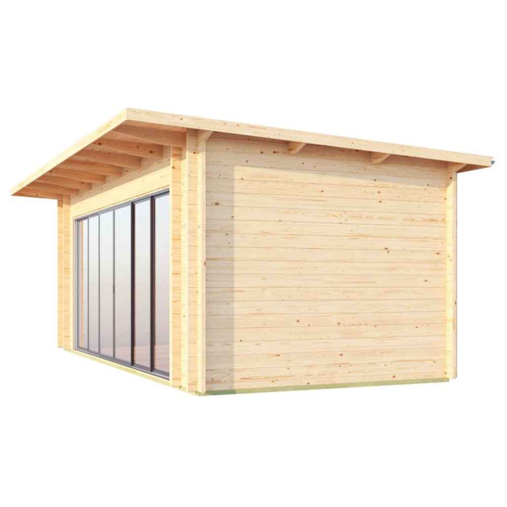 A diagonal rear view of the GardenHouse24 USA Starla 44E ALU ISO Garden Room emphasizes the natural wood finish and sleek flat roof design