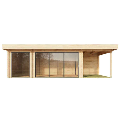 A direct front view of the GardenHouse24 USA ALU Concept 70O Garden Room shows its three main glass sections and a covered side terrace
