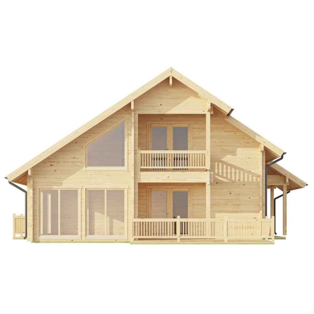A direct front view of the GardenHouse24 USA Olivia 90 Garden Room reveals symmetrical balconies, expansive windows, and clean wood finishes
