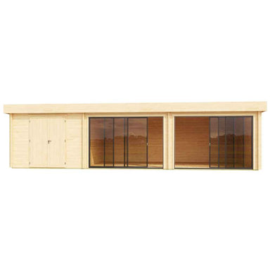 A flat, front-facing view of the GardenHouse24 USA ALU Concept 70L Garden Room shows its symmetrical design with a solid door and two large glass window sections