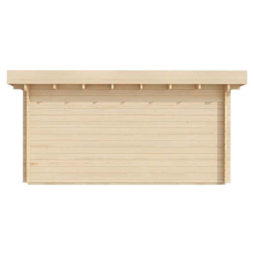 A flat, side view of the structure showing horizontal wood panels without windows depicts the GardenHouse24 USA Barbara 44A Garden Room