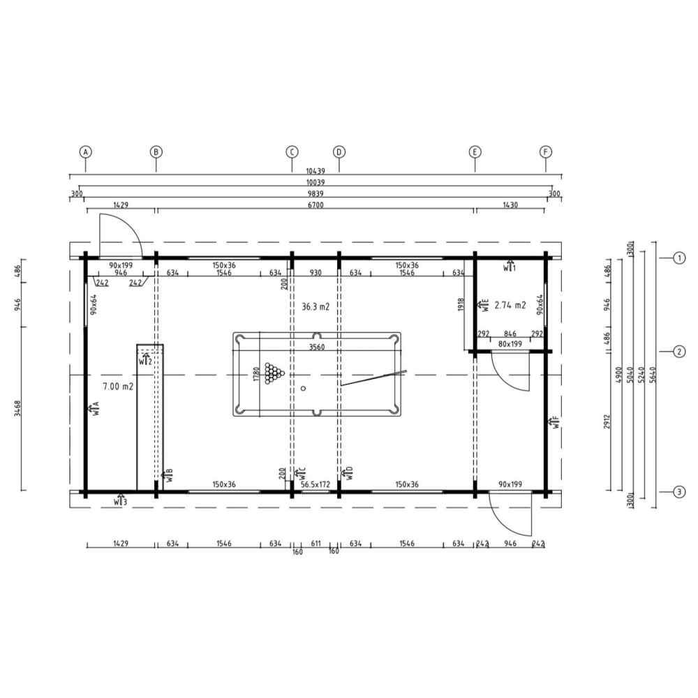 A floor plan blueprint reveals room layouts, window placements, and the interior dimensions of the GardenHouse24 USA Dundee 90A Garden Room, including space for a pool table