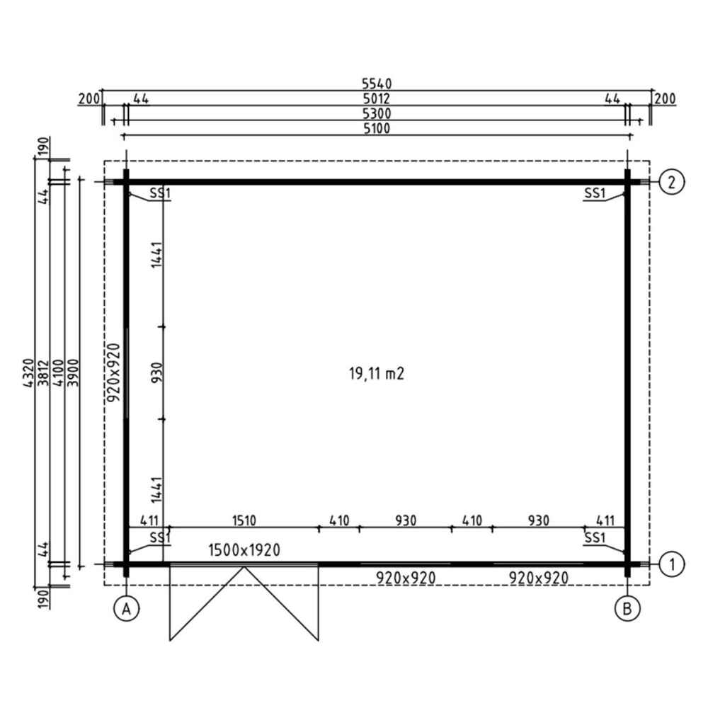 A floor plan drawing shows the layout and measurements of the GardenHouse24 USA Miriam 44A Classic Garden Room, marking a spacious single-room design of 19.11 m²