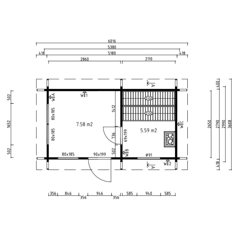 A floor plan layout of the GardenHouse24 USA Sauna Sahib 70 Garden Room reveals two interior sections with precise dimensions for room use and entry points