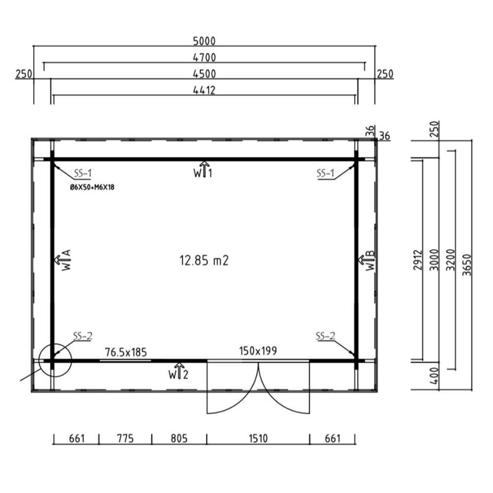 A floor plan layout showing internal dimensions, door and window placements, and a 12.85 m² area of the GardenHouse24 USA Miriam 44A Modern Garden Room